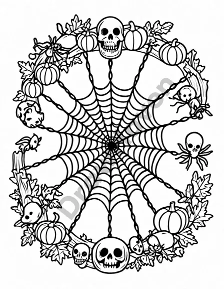 detailed coloring page featuring a variety of spooky spiders and webs under a full moon in a shadowy forest in black and white