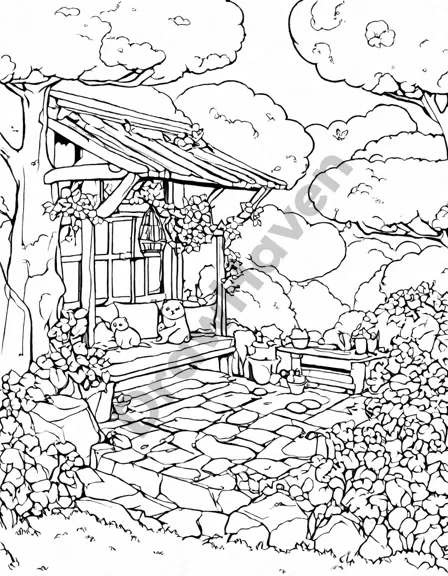 tranquil meditation space in a lush garden with cushioned nook and peaceful nature sounds, inviting serenity and peaceful coloring in black and white