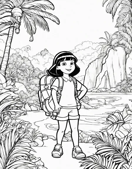 dora the explorer coloring page featuring her quest for secret island through rainforests, mountains, and rivers, encountering animals and characters in black and white