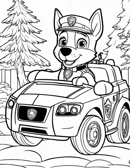 action-packed coloring adventure with chase, the brave german shepherd and his speedy police cruiser in adventure bay in black and white