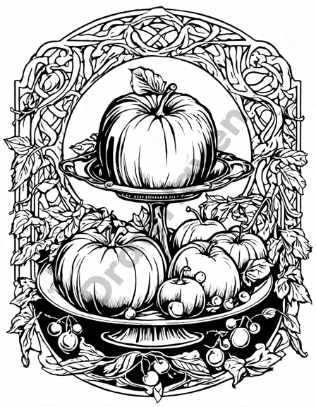 intricate coloring book page showcasing the beauty of apple, pumpkin, and cherry pies with latticework, swirling crusts, and flaky layers in black and white