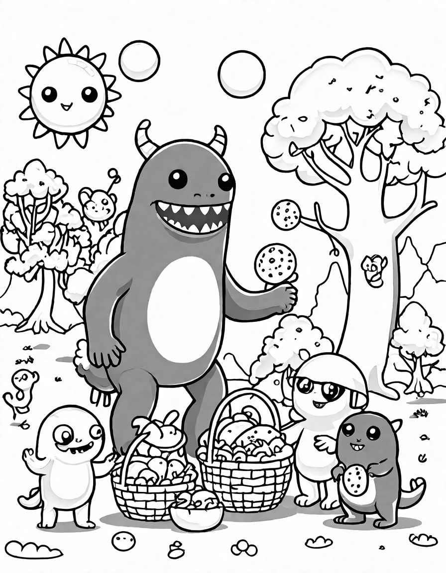 Coloring book image of monsters enjoying a picnic with spooky snacks in a green park on a sunny day in black and white