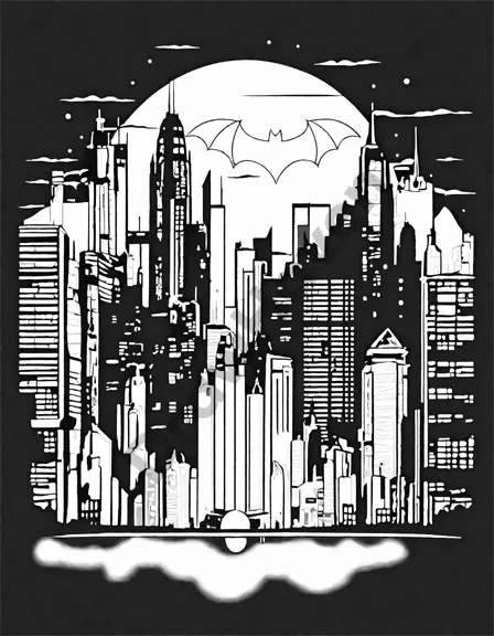 Coloring book image of iconic bat-signal illuminating gotham city skyline in black and white