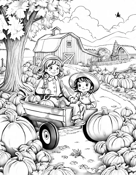 coloring book page of a pumpkin patch with a red barn, scarecrow, and hay wagon, embodying autumn charm in black and white