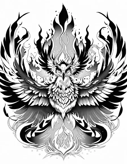 phoenix rising from ashes in a coloring book, intricate flames surround its fiery form, symbolizing life's cyclical nature in black and white