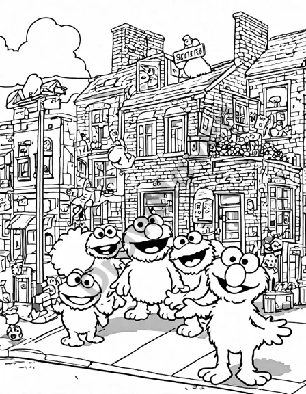 whimsical coloring page featuring elmo and friends exploring sesame street's vibrant streets in black and white