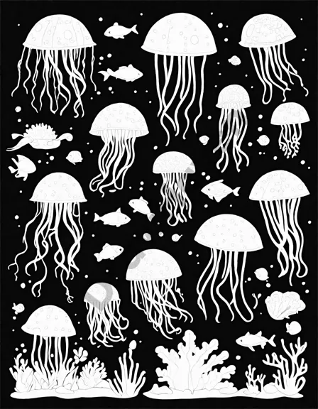 Coloring book image of magical bioluminescent underwater city features glowing jellyfish, anglerfish lures, and vibrant coral reefs in black and white