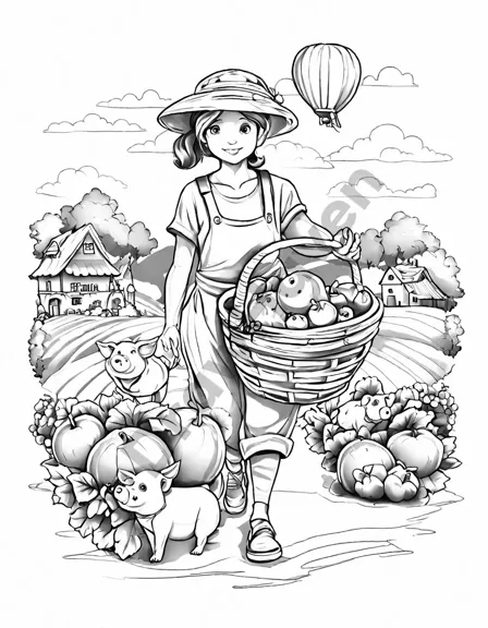 coloring book page featuring a cheerful piggy in farmer's outfit heading to a bustling market in black and white