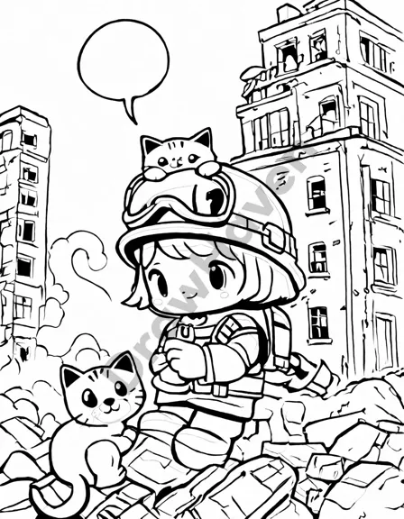 Coloring book image of firefighters battling a massive blaze at night, rescuing a kitten amidst flames and smoke in black and white