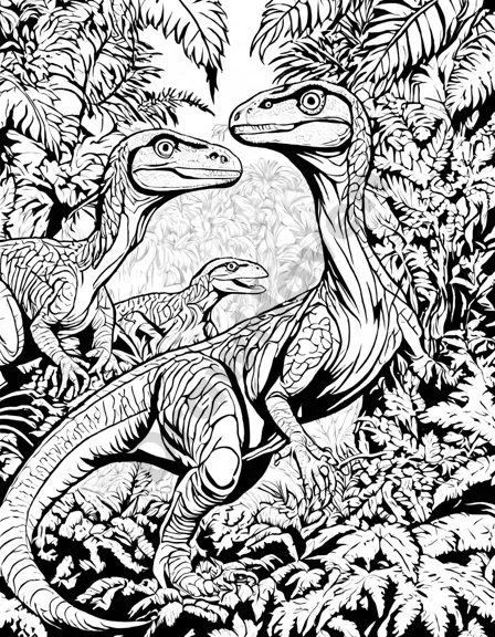 illustration of velociraptors hunting in a detailed jungle on a coloring page in black and white