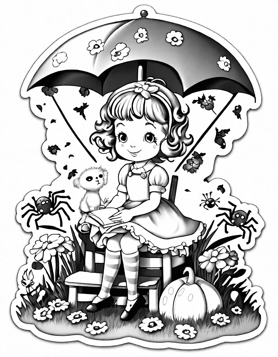 little miss muffet coloring page with a spider descending on a web, surrounded by green grass and flowers in black and white