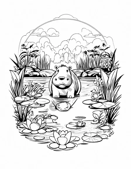 coloring book page featuring a hippo in a zoo pond with dragonflies, turtles, and spectators in black and white