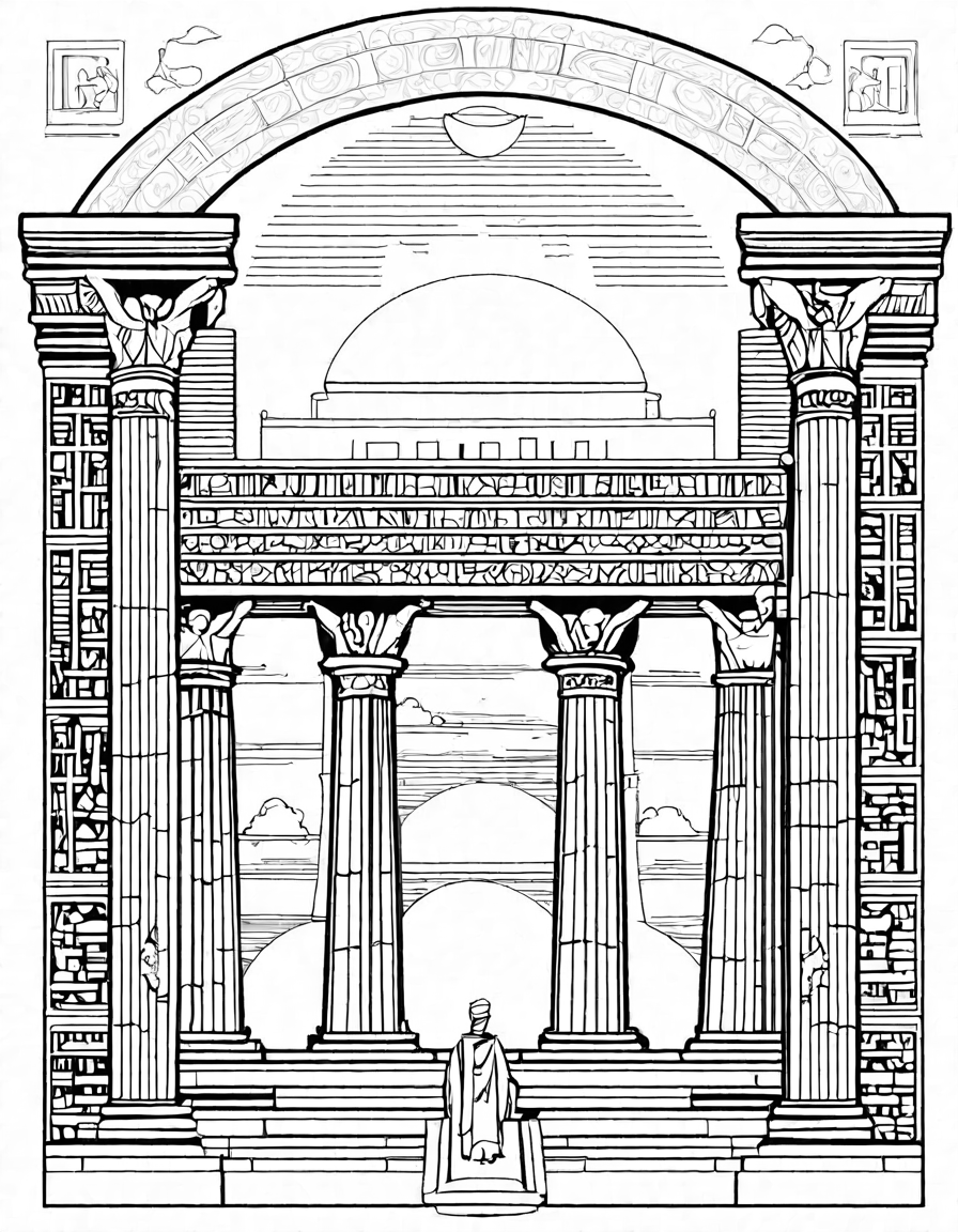 coloring page of the library of alexandria with scholars, scribes, and hieroglyphics-filled columns, capturing ancient world's vibrant scholarship in black and white