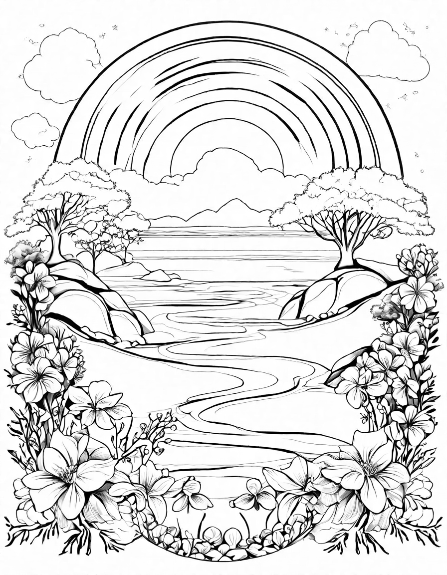 zen garden coloring page featuring serene nature elements like raked sand patterns, smooth stones, and blossoms for stress relief in black and white