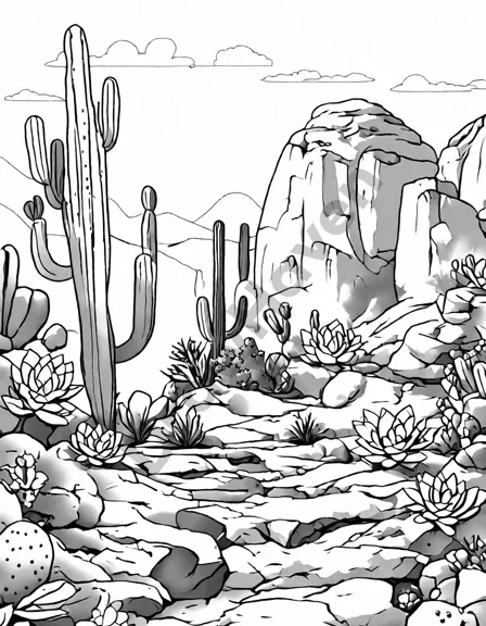 intricate lineart coloring page revealing desert treasures: ancient carvings, cacti, wildlife, and insects in black and white