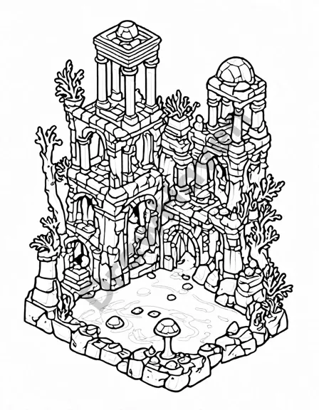 captivating coloring book page of an ancient city in ruins underwater with hidden treasures and marine life in black and white