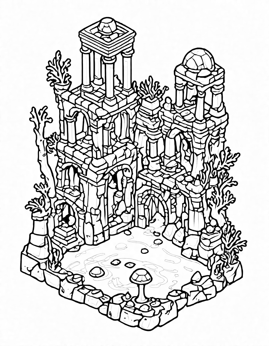 captivating coloring book page of an ancient city in ruins underwater with hidden treasures and marine life in black and white