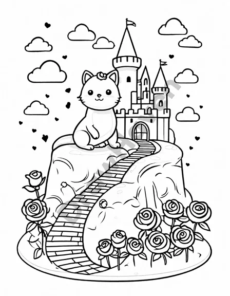 Coloring book image of enchanted rose castle gardens with princess admiring a rose among blooming bushes in black and white
