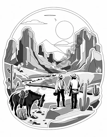 Coloring book image of cowboys and cowgirls during gold rush in wild west, digging for gold in scenic valley in black and white