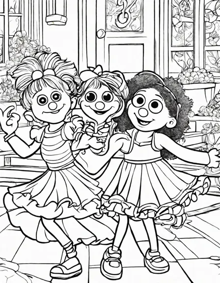 Coloring book image of zoe and friends twirling and dancing at sesame street's dance party in black and white