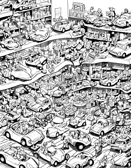 Coloring book image of energetic toy store scene with children racing remote-controlled cars on a track, surrounded by shelves of new toys in black and white