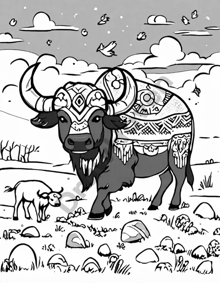 native american art coloring page featuring geometric patterns on buffalo roaming the great plains in black and white