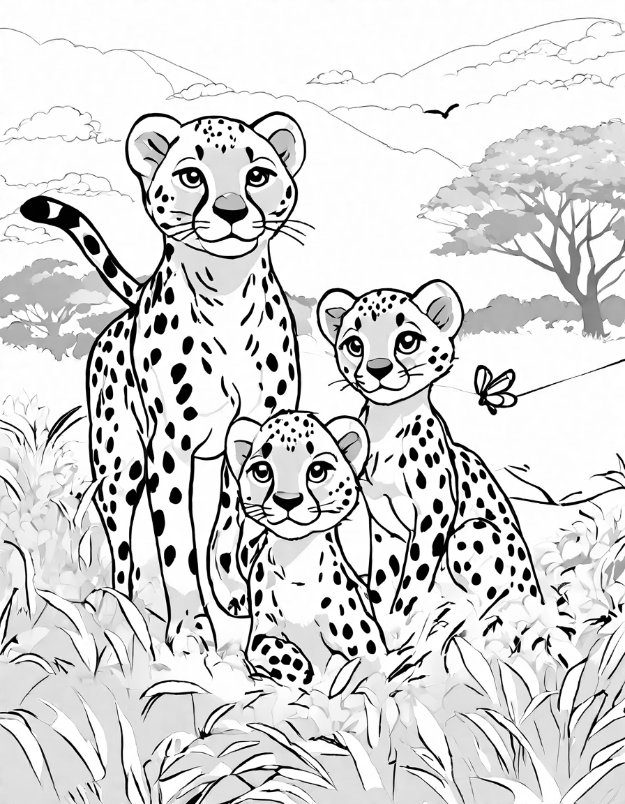 Coloring book image of cheetah family with cubs chasing a butterfly in african savanna at sunset in black and white