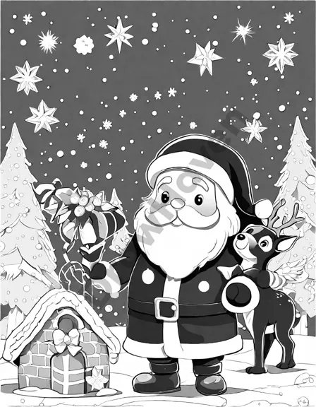 Coloring book image of santa's workshop in the north pole with elves crafting toys under a twinkling starlit sky in black and white