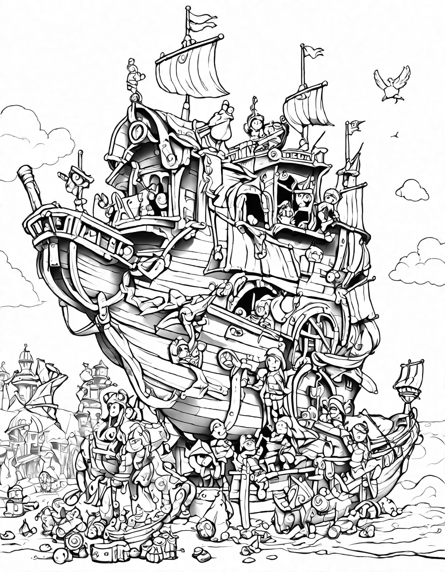 coloring page featuring toy pirate ships and treasure chests in a toy store aisle in black and white