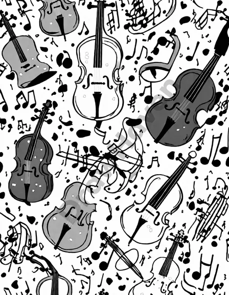 captivating coloring page, classical concerto of colors, featuring orchestral instruments adorned with vibrant hues, inviting creative expression in black and white