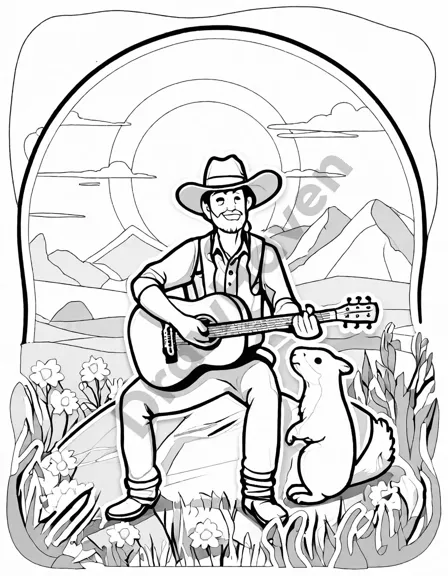cowboy serenading under a sunset on the prairie with his horse nearby, in a coloring book scene in black and white