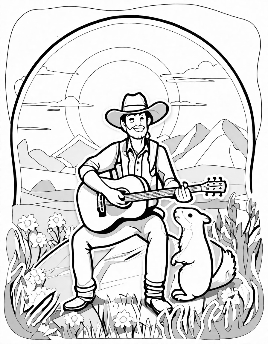 cowboy serenading under a sunset on the prairie with his horse nearby, in a coloring book scene in black and white