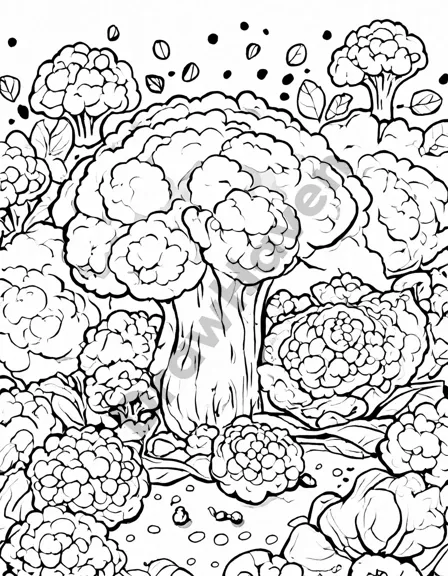 coloring page featuring detailed broccoli and cauliflower in a garden for educational fun in black and white