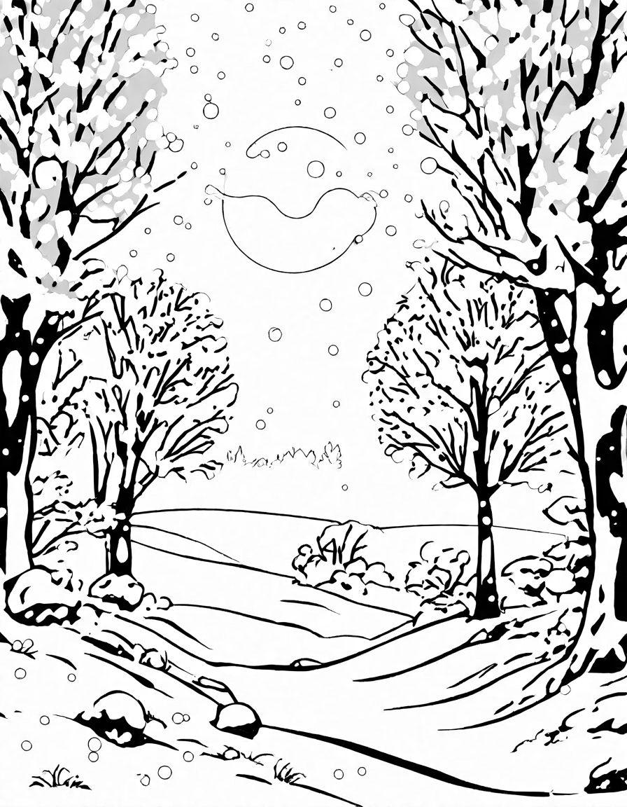 Coloring book image of snow-covered winter meadow with majestic trees adorned with intricate snowflakes, creating a tranquil scene inviting stillness in black and white