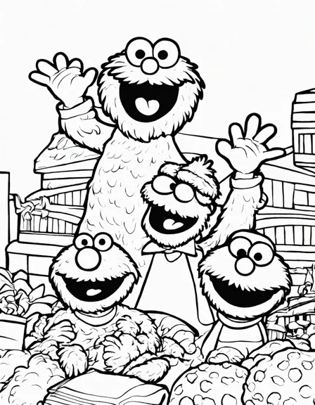 sesame street coloring page featuring ernie, bert, and the cookie monster amidst a playful backdrop of flying cookies and funny faces in black and white