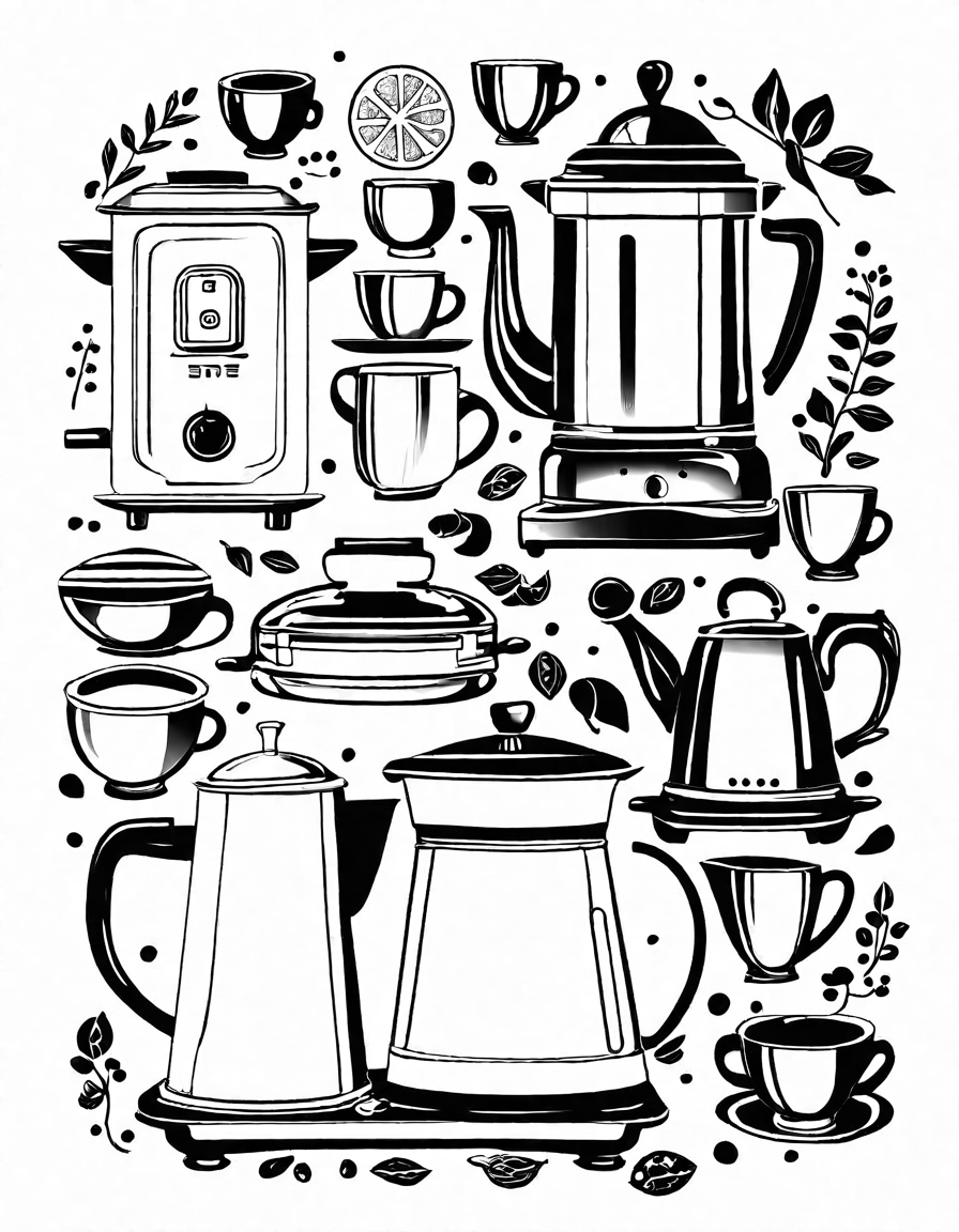 charming retro kitchenware coloring page evokes nostalgic charm with vintage toasters, coffee makers, and dishware in black and white
