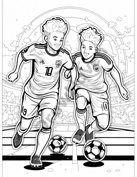 coloring page of soccer players in a dribbling duel at a packed stadium in black and white