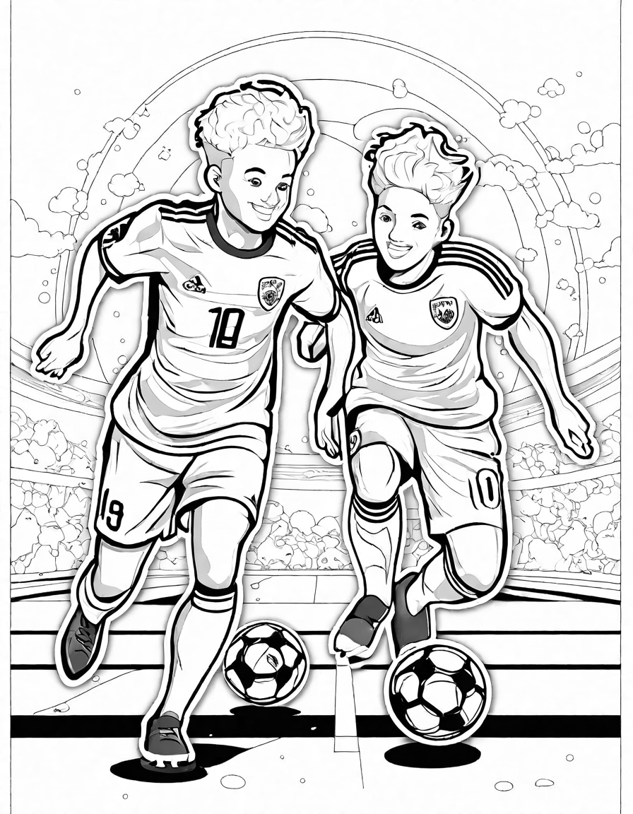 coloring page of soccer players in a dribbling duel at a packed stadium in black and white