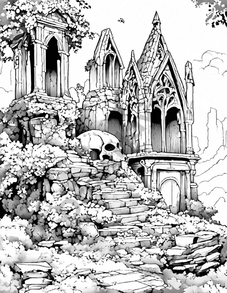 intricate coloring page featuring gothic tombs, entwined vines, and gargoyles in a hauntingly beautiful scene in black and white