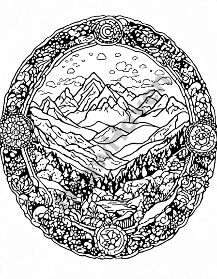 coloring book page featuring the majestic peaks mandala, inspired by mountain landscapes in black and white