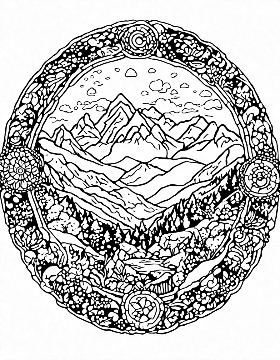 coloring book page featuring the majestic peaks mandala, inspired by mountain landscapes in black and white