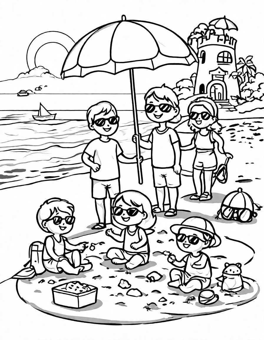 Coloring book image of family building sandcastle on sunny beach with colorful umbrellas and ocean waves in black and white