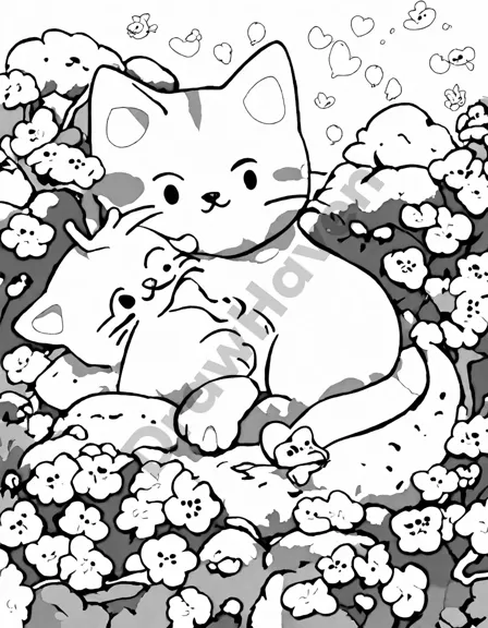 Coloring book image of cats sleeping under cherry blossoms in tranquil garden setting in black and white