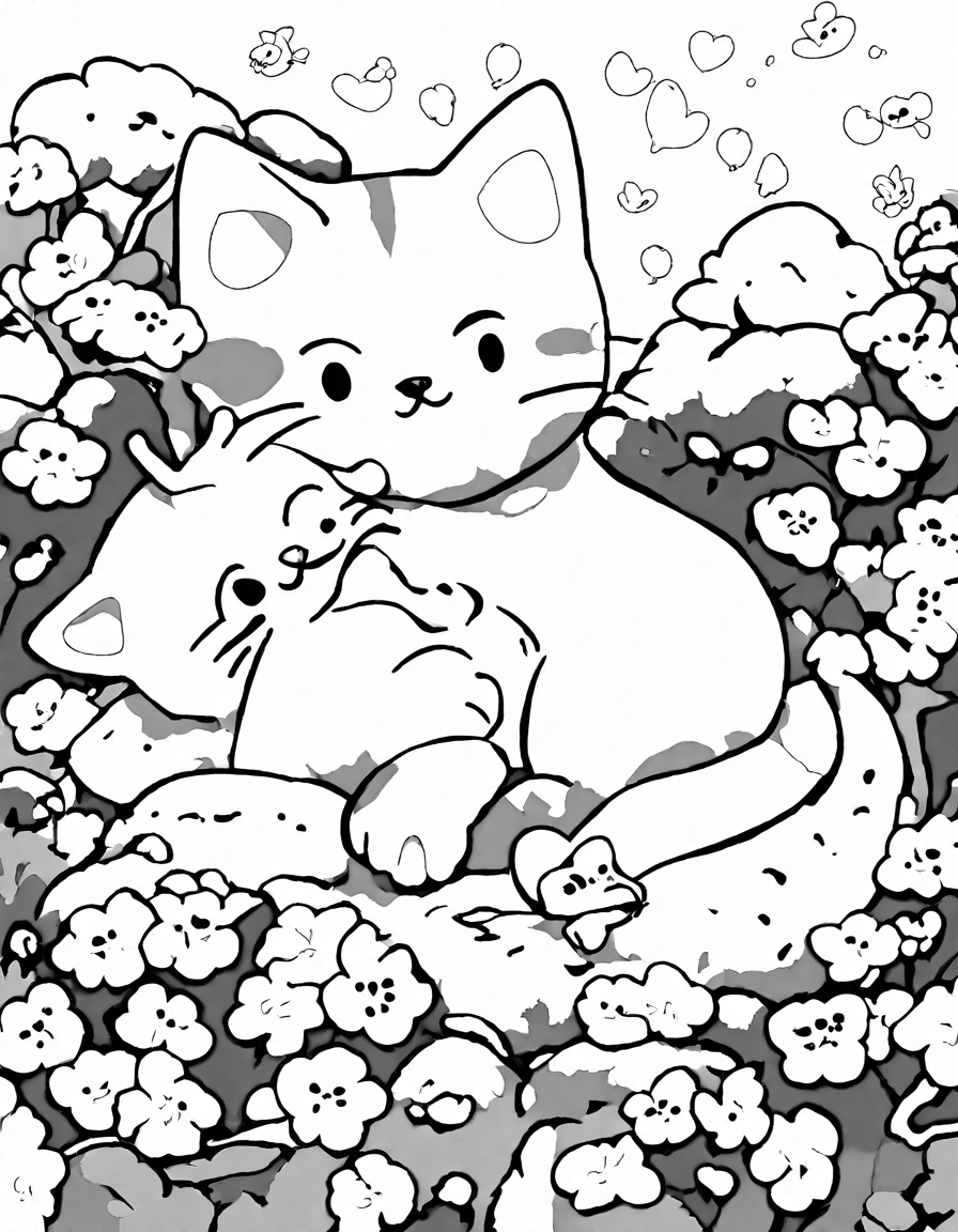Coloring book image of cats sleeping under cherry blossoms in tranquil garden setting in black and white