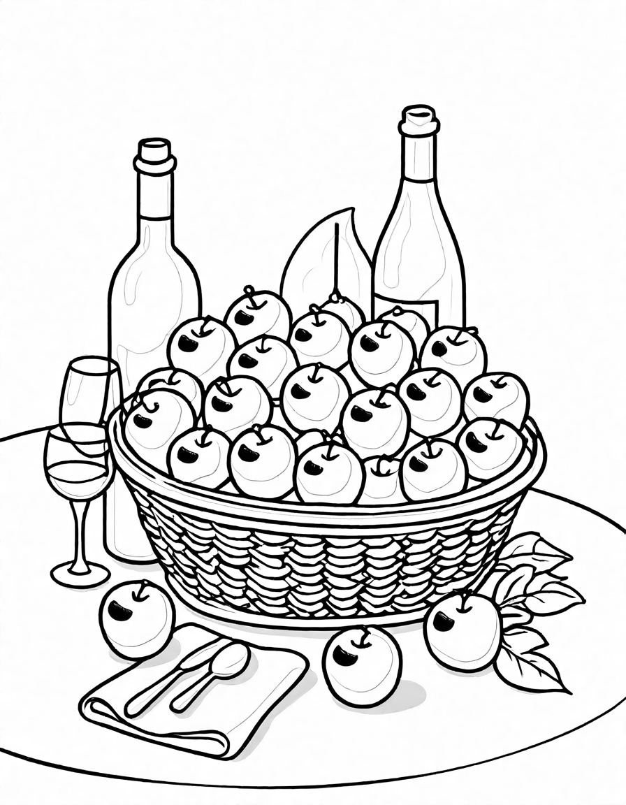 coloring book page inspired by cézanne's the basket of apples with a tilted table and fruit in black and white