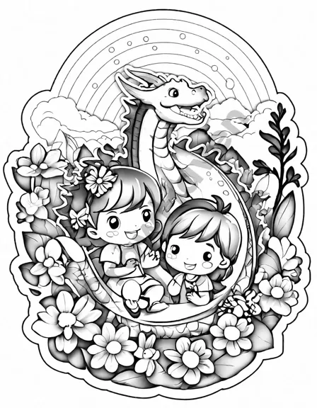 Coloring book image of children and dragons playing in a magical garden with rainbow slides and blooming mountains in the background in black and white
