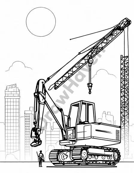 coloring book image of sunrise at construction site with bulldozer and crane in black and white