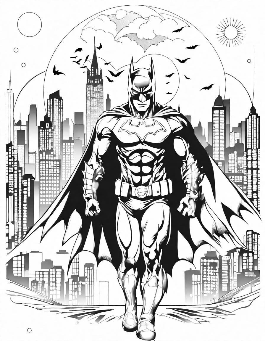 Coloring book image of batman'squin the image of an ai-generated bys on the gotham city skyline, and development with its, and with the, on, whitespace and, and and stone tile under the post post, inscription that will be lin markdown using in black and white