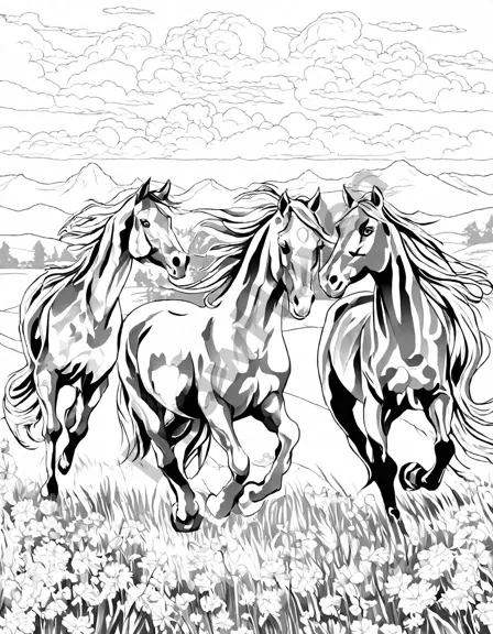 Coloring book image of majestic herd of horses galloping in a meadow under a bright sky, showcasing their diversity and family bonds in black and white