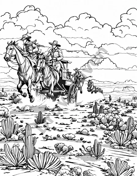 wild west themed coloring page featuring cowboys chasing a stagecoach across the plains in black and white
